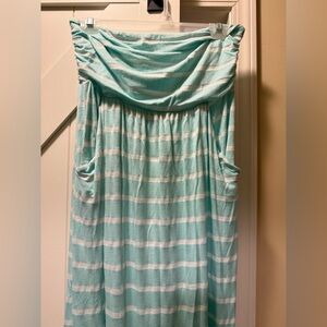 Strapless Turquoise and White Stripe Maxi Dress